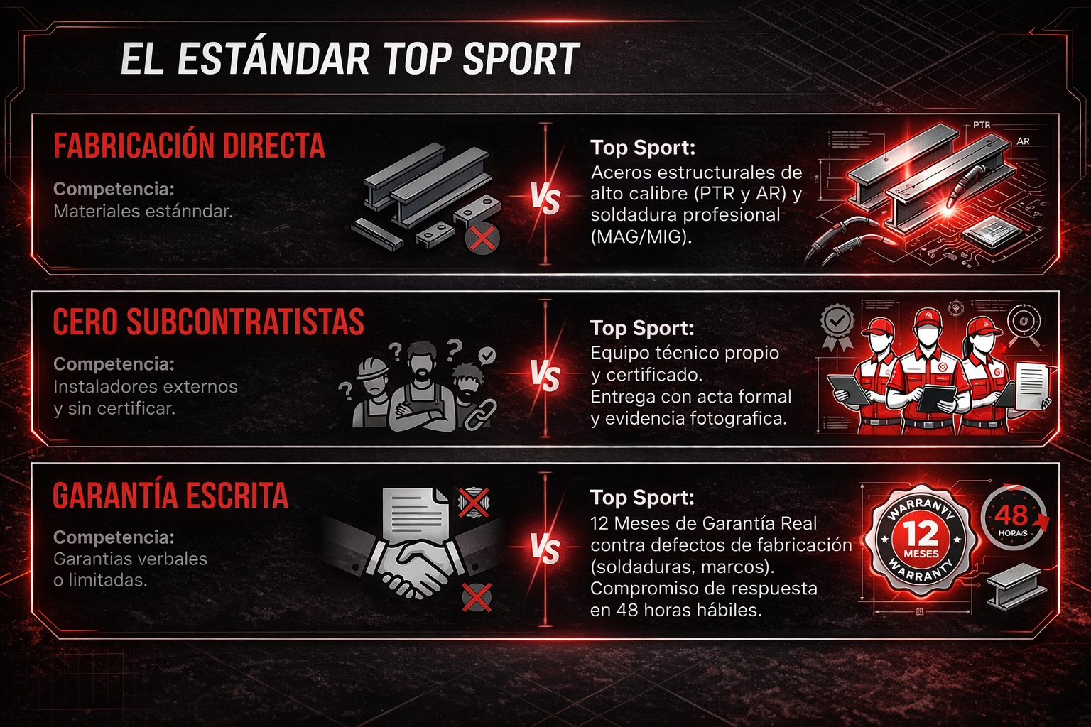 El Estándar Top Sport: Ingeniería estructural en cada detalle. Aceros industriales HSS de alto calibre y recubrimientos de grado arquitectónico.